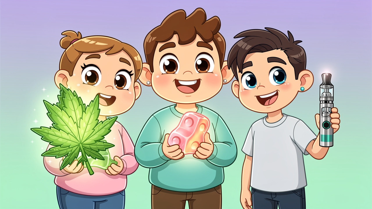 Cartoon characters holding cannabis flower edibles and vapes