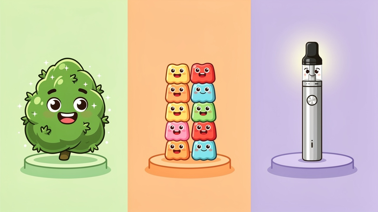Cartoon comparison of cannabis flower edibles and vape formats