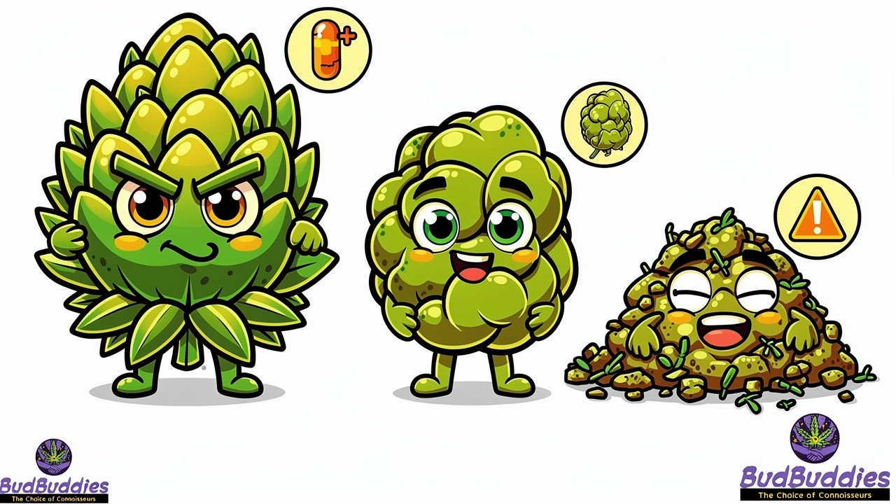 Cartoon buds showing premium colas, popcorn nugs, and shake formats
