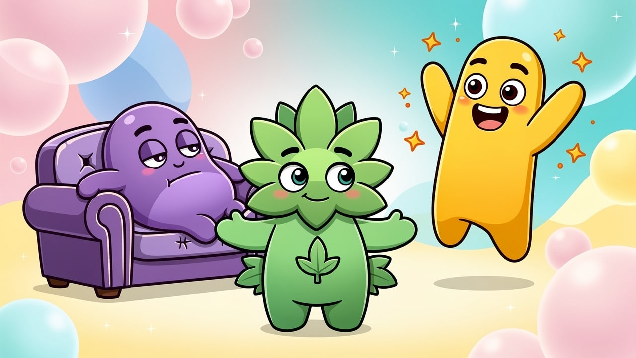 Cartoon characters representing Indica Sativa and Hybrid cannabis strains