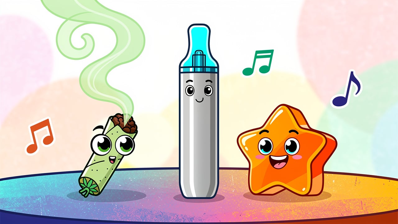 Cartoon cannabis flower vape pen and edible gummy options