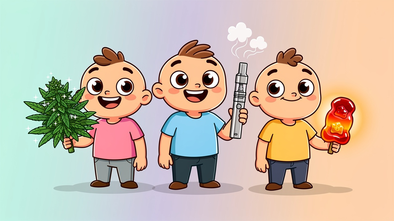 Cartoon comparison of cannabis flower vape and edibles formats