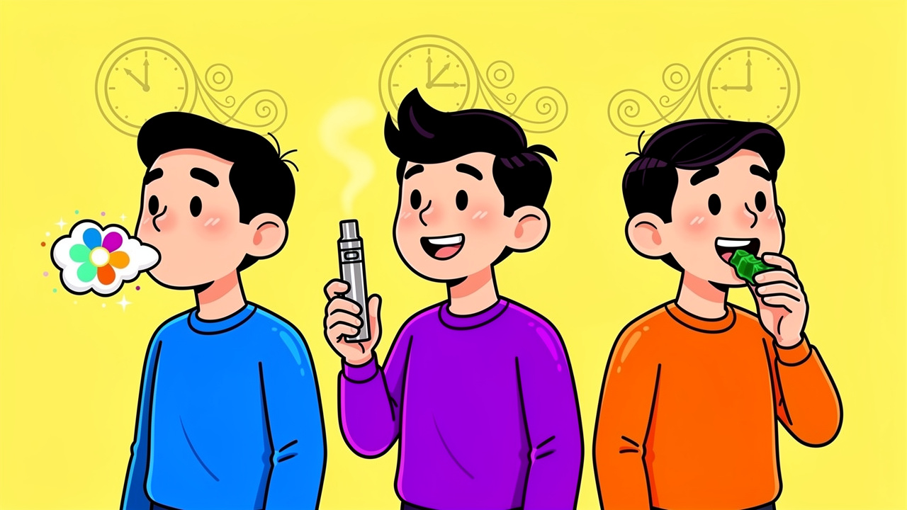 Cartoon characters comparing cannabis flower vape and edible formats