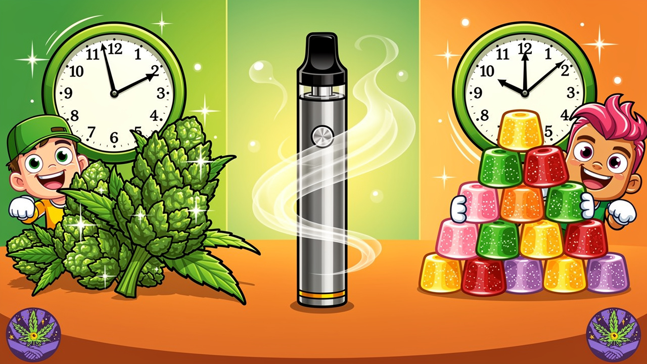 Three cannabis formats shown with timing and effect duration