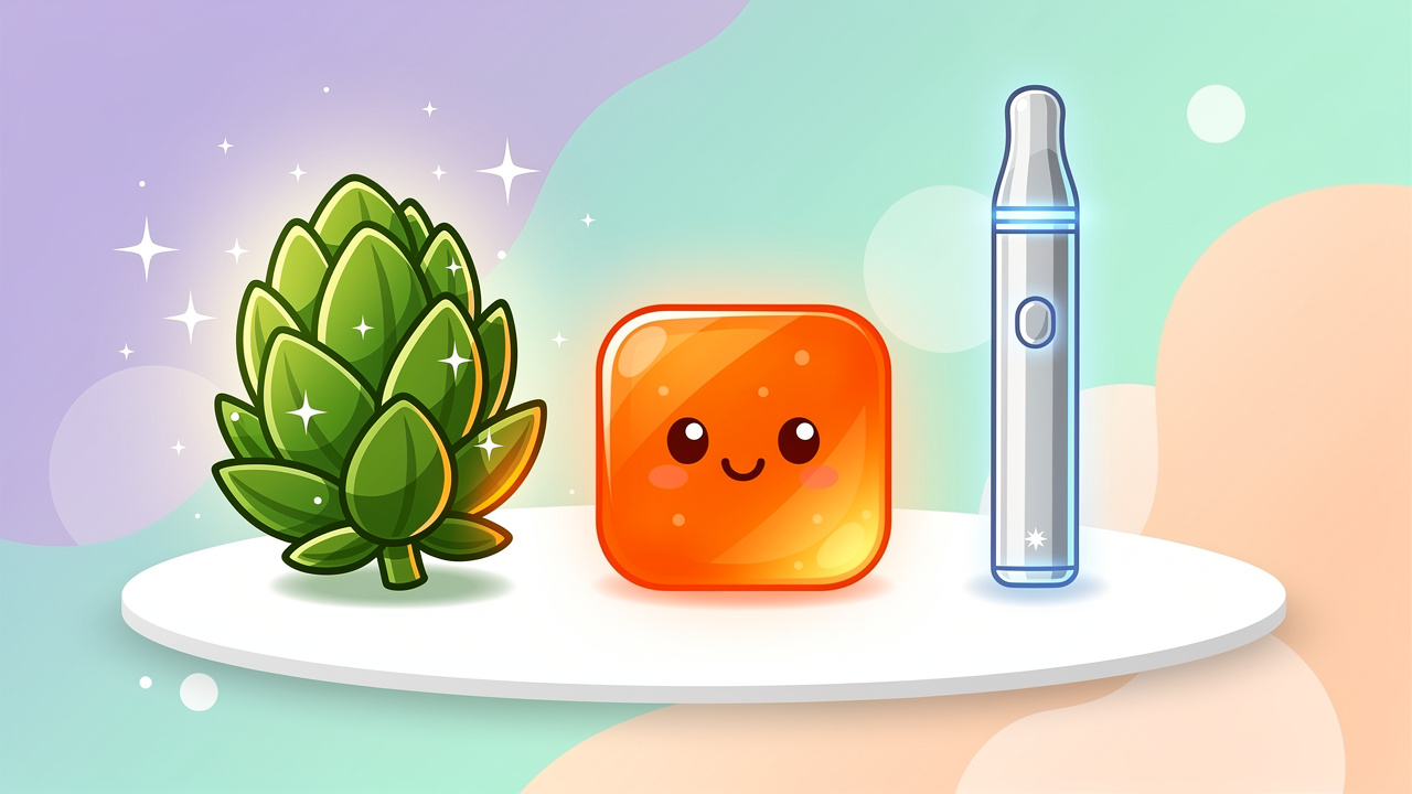 Cartoon comparison of cannabis flower, edibles and vapes