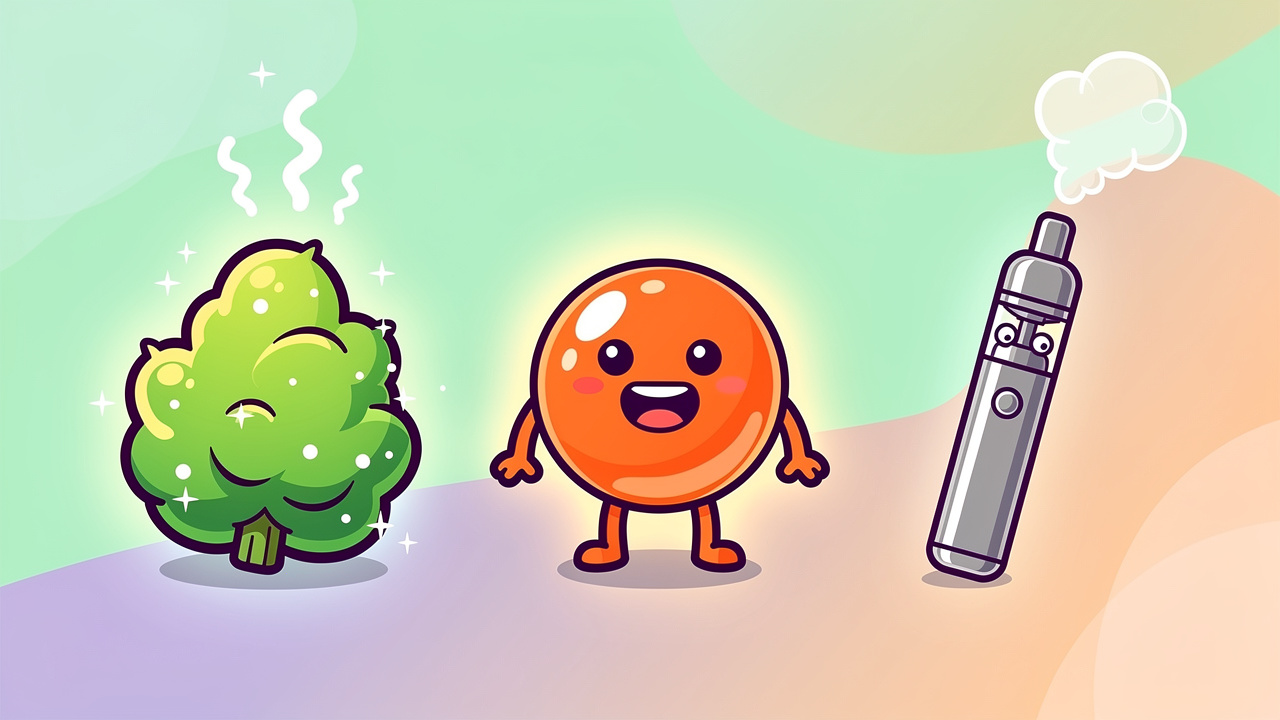 Cartoon comparison of cannabis flower, edibles, and vape formats