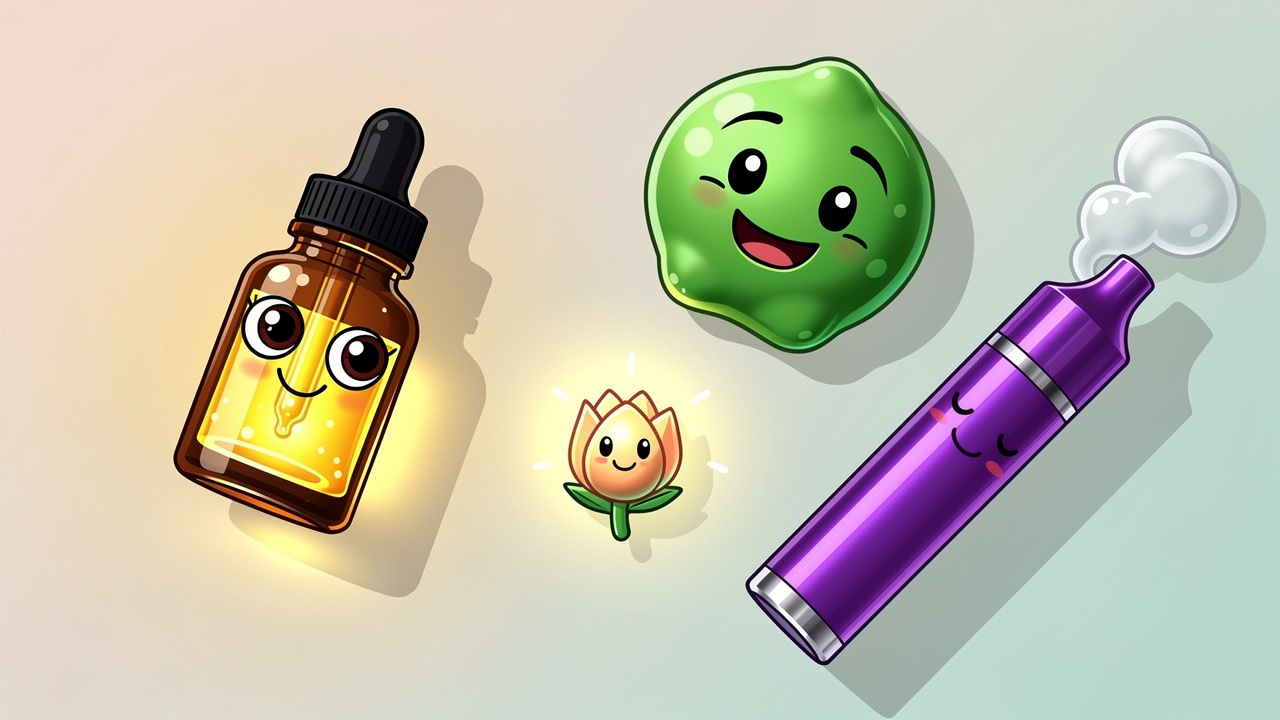 Cartoon cannabis formats including oils, edibles, and vapes for fibromyalgia