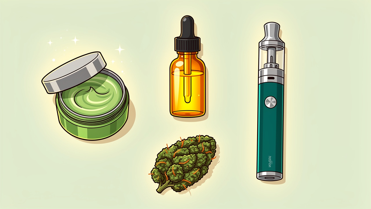 Cartoon display of cannabis product formats for arthritis symptoms
