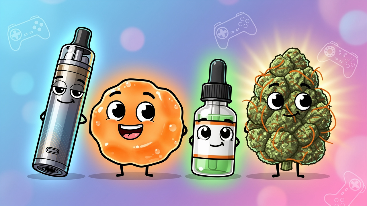 Cartoon cannabis formats vape edibles tincture and flower