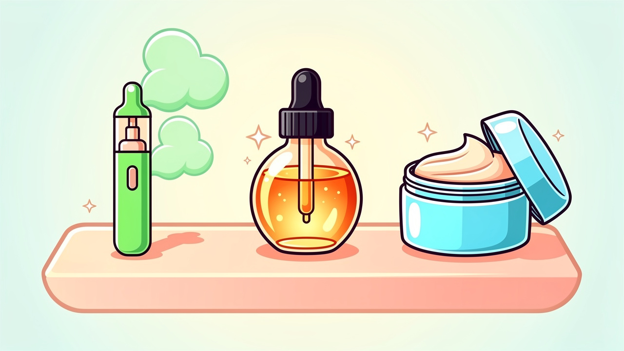 Cartoon showing cannabis vape, oil and topical cream formats