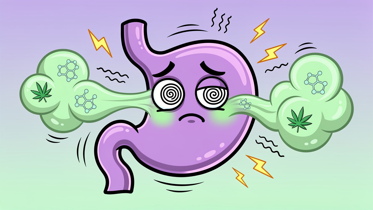 Cartoon stomach reacting to cannabis with nausea and discomfort