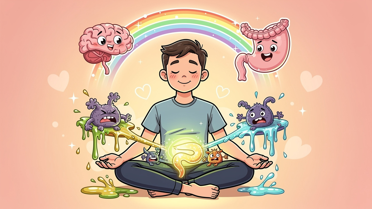 Cartoon showing cannabis easing IBS pain and cramping