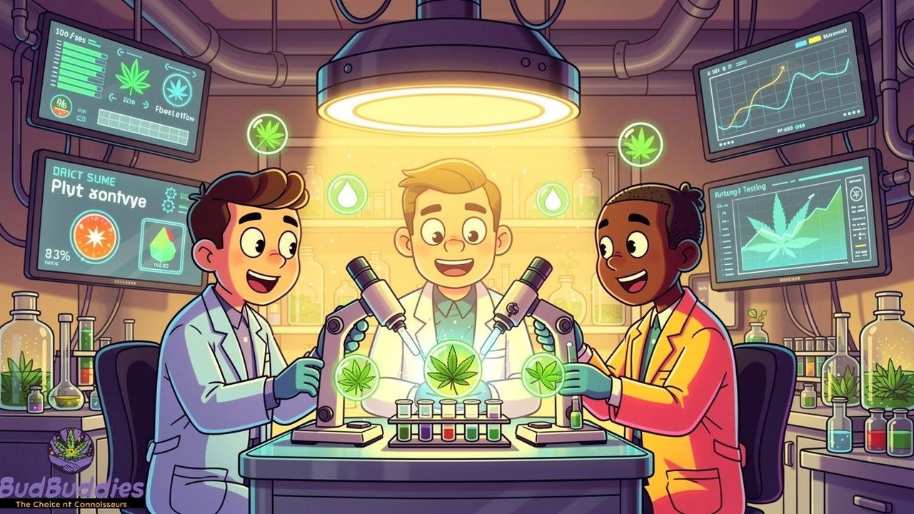 Cartoon scientists conducting cannabis potency and purity testing