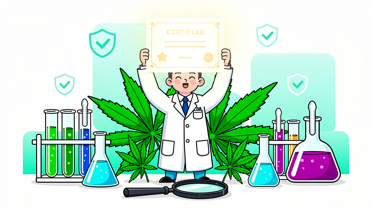 Cartoon of cannabis quality testing and lab certification