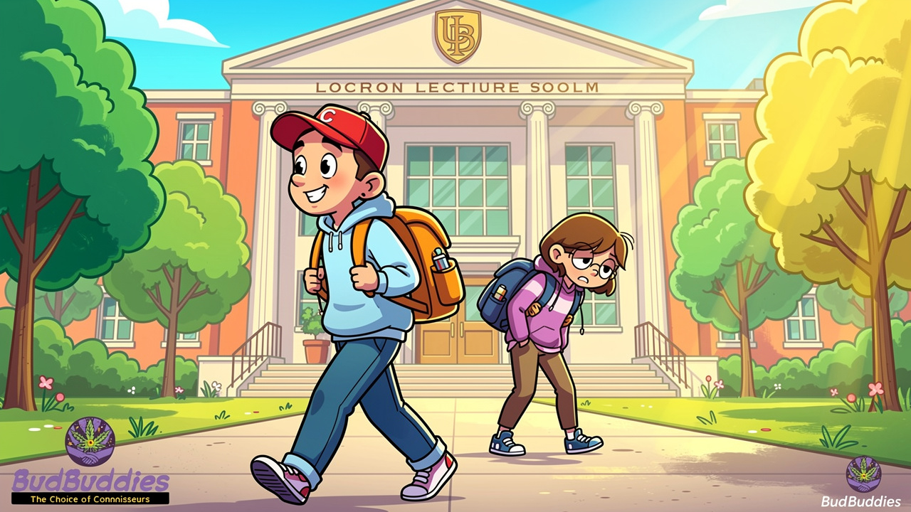 Two cartoon students with contrasting energy heading to a lecture