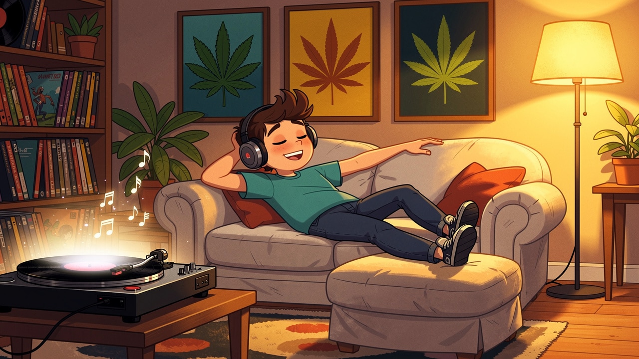 Cartoon character enjoying a cannabis music listening session at home