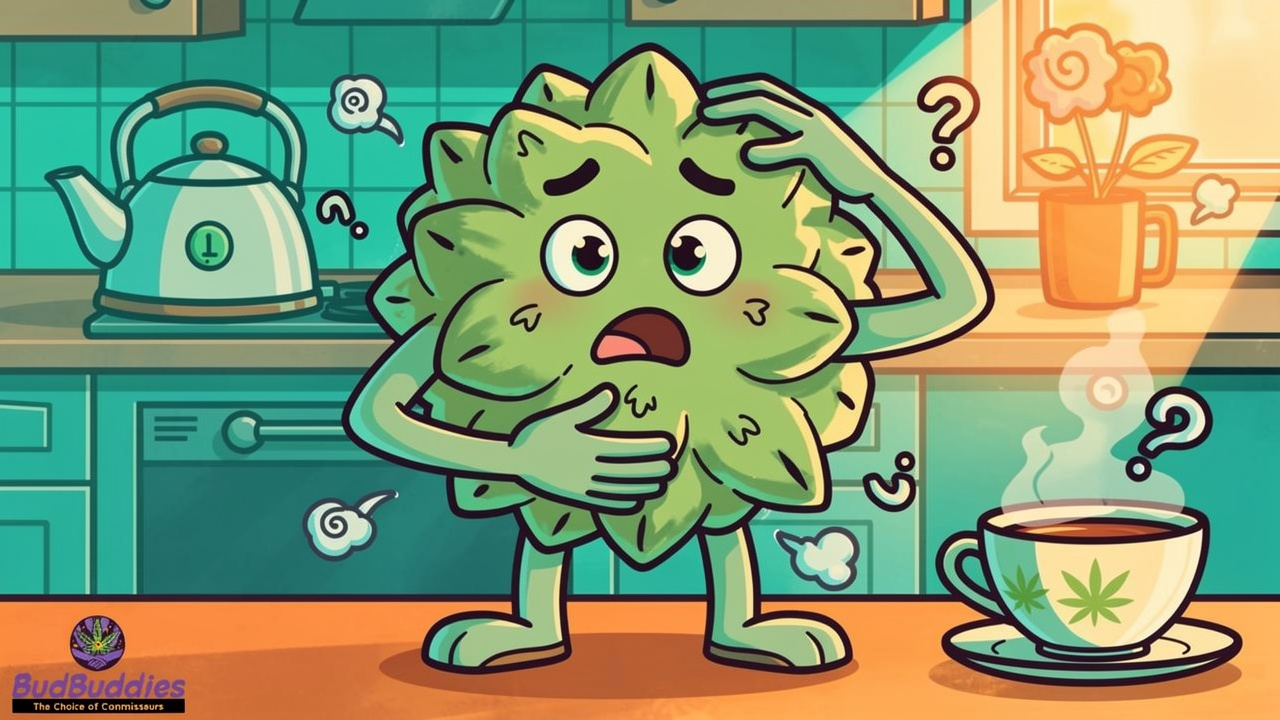 Cartoon cannabis character confused by stomach discomfort
