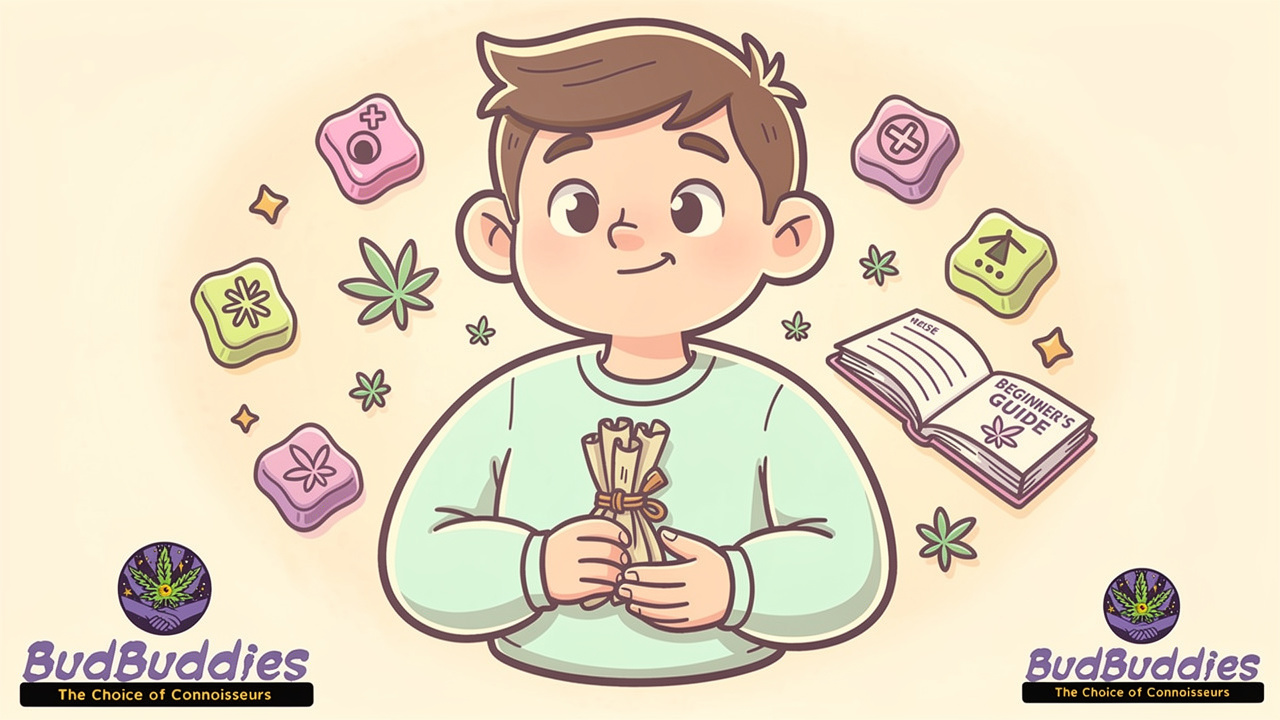Friendly cartoon character exploring cannabis products safely