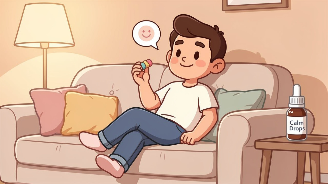 Cartoon newcomer relaxing with low dose cannabis edible at home