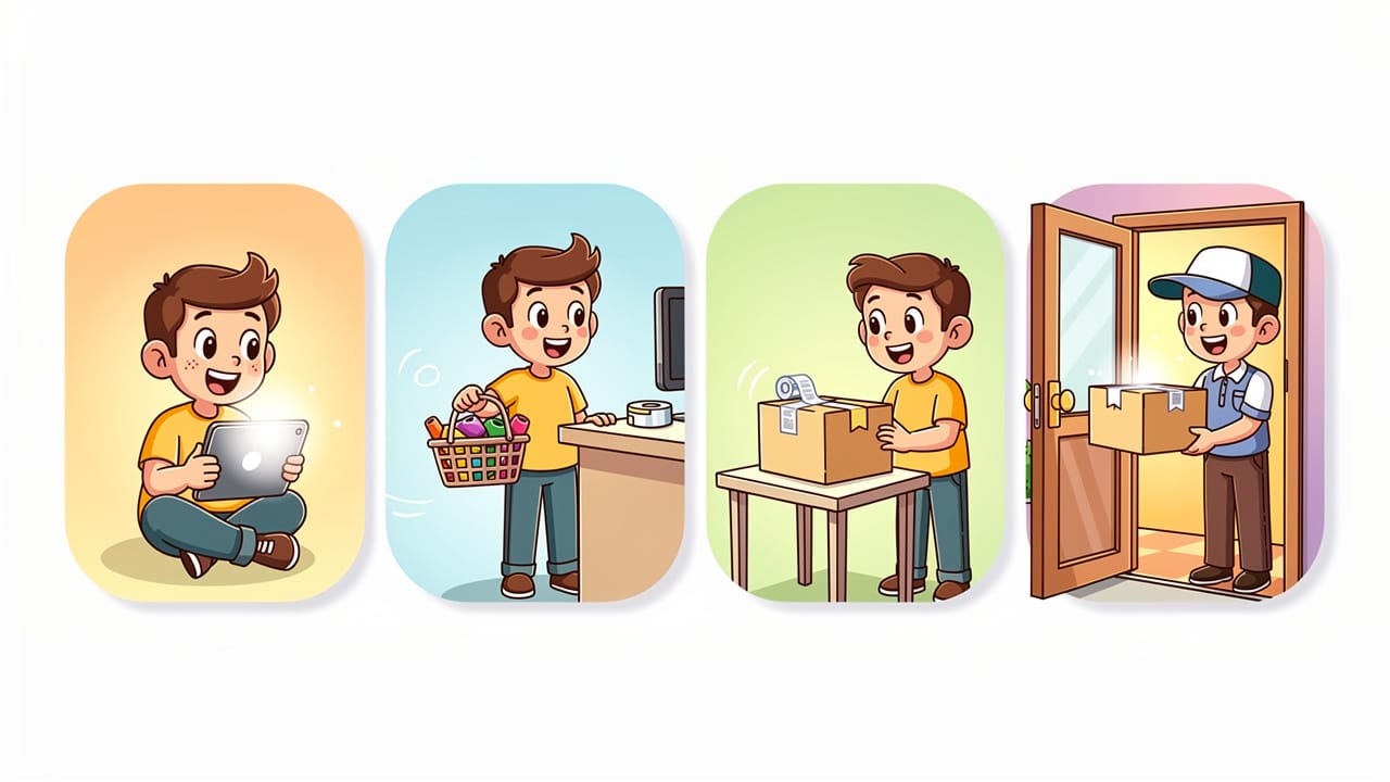 Cartoon four step process for ordering cannabis online
