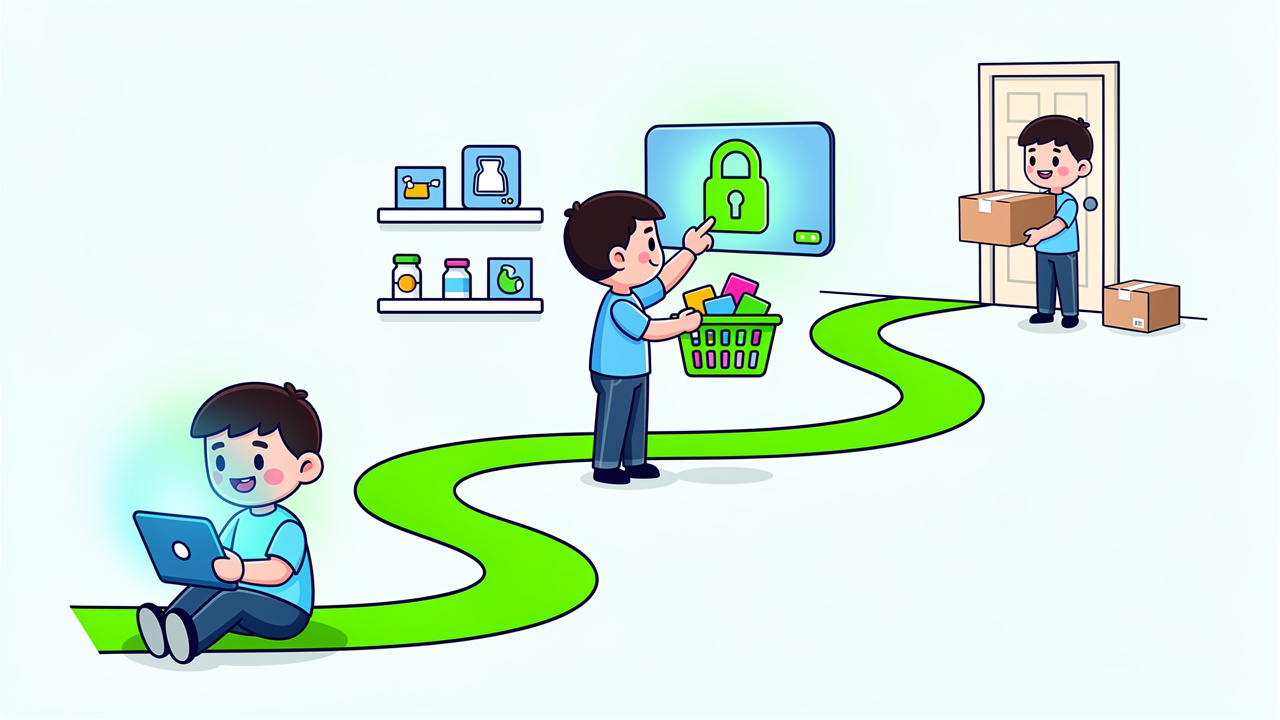 Cartoon character completing online cannabis order steps
