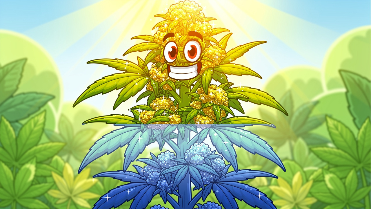 Cannabis plant showing light reaching top buds cartoon