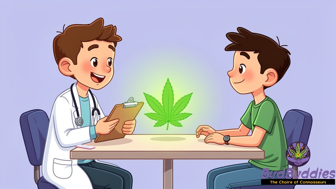 Cartoon doctor consulting a student about cannabis prescription
