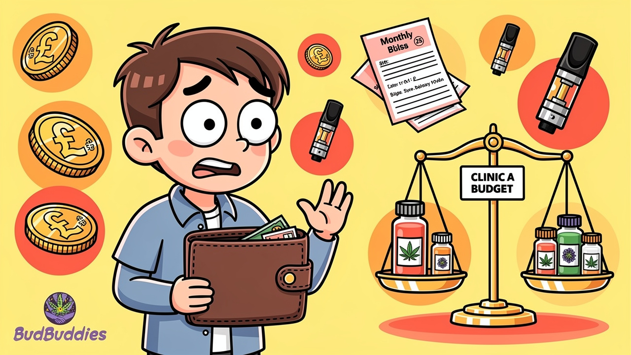 Student cartoon weighing cannabis prescription costs versus budget
