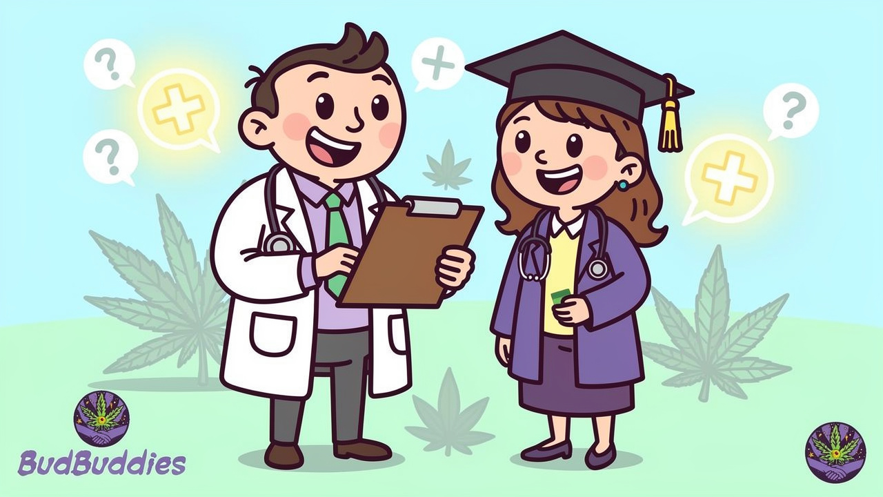 Cartoon student and doctor discussing cannabis prescription options