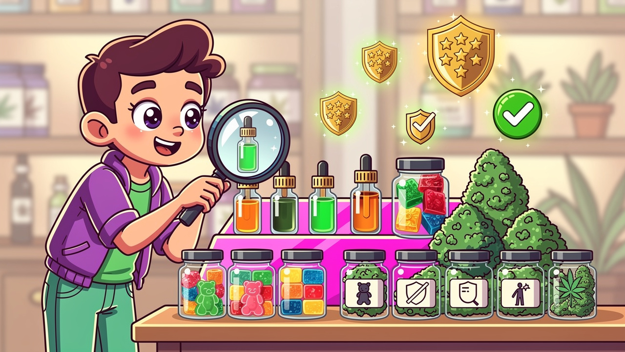 Cartoon character carefully choosing low THC cannabis products