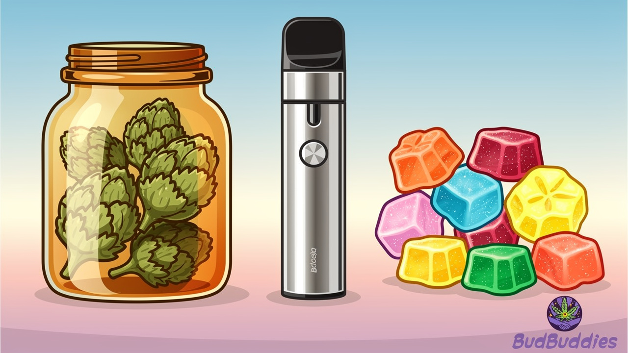 Cartoon illustration of flower, vape and edibles products