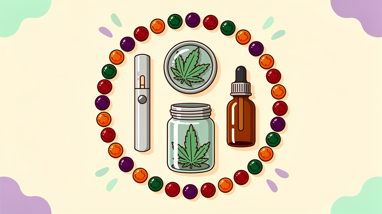 Cartoon overview of cannabis flower, edibles, vapes, and CBD products
