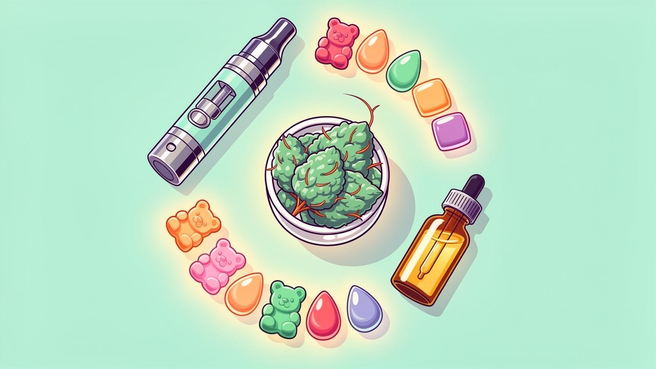 Cartoon display of cannabis vapes edibles flower and oil