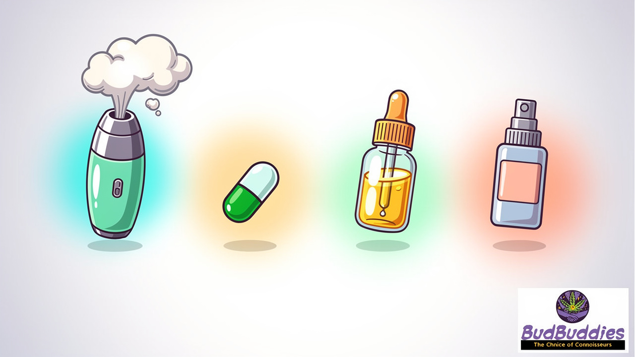 Cartoon icons of different cannabis product formats for students