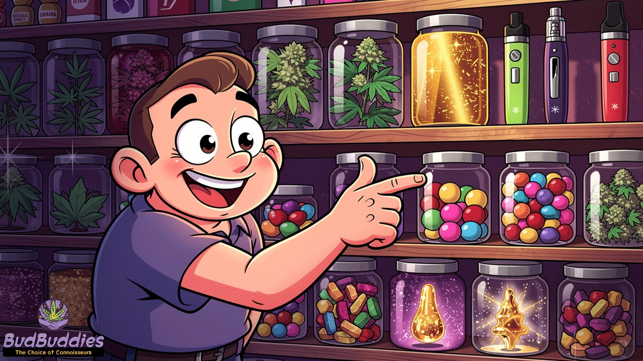 Cartoon character exploring various cannabis product types and formats