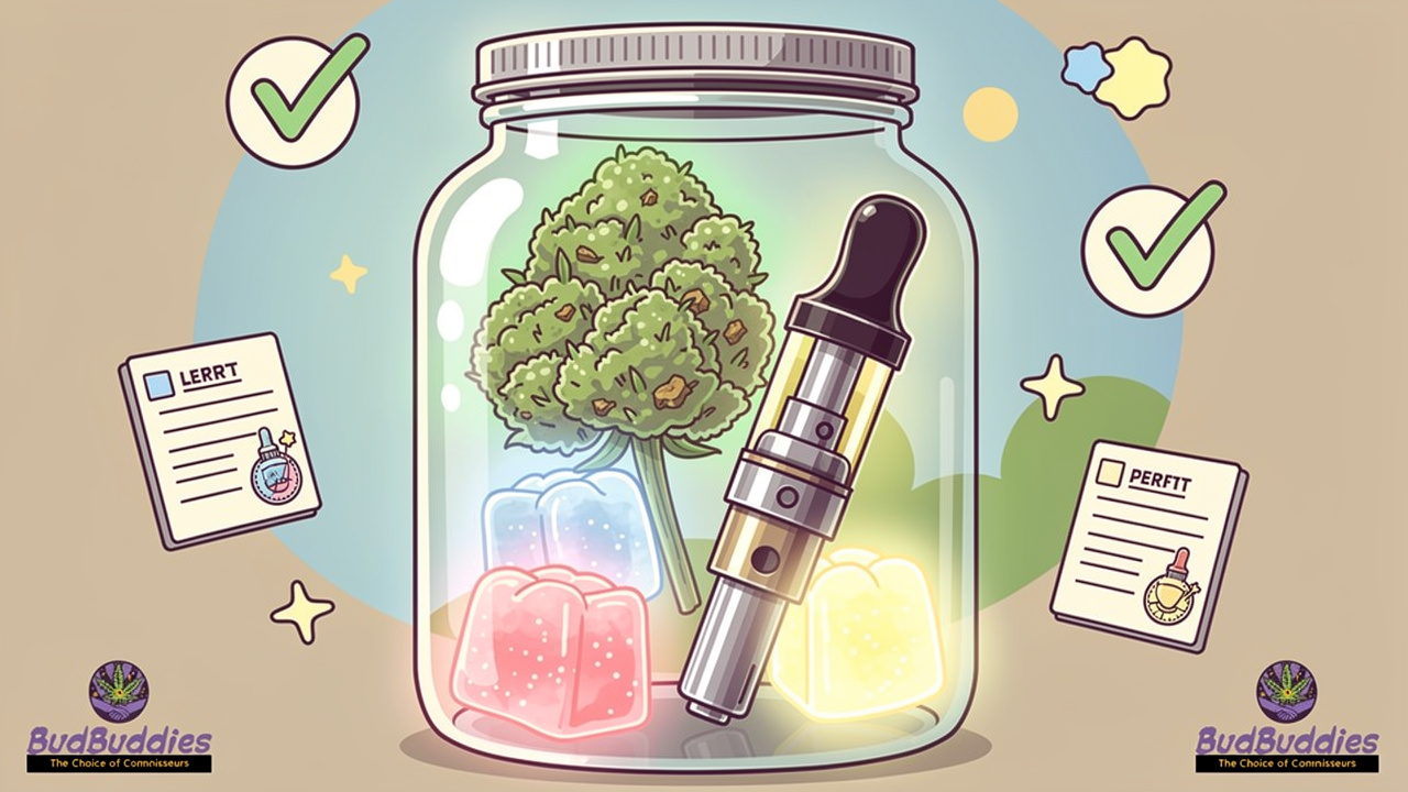 Colourful cartoon illustration of cannabis flower, edibles and vapes