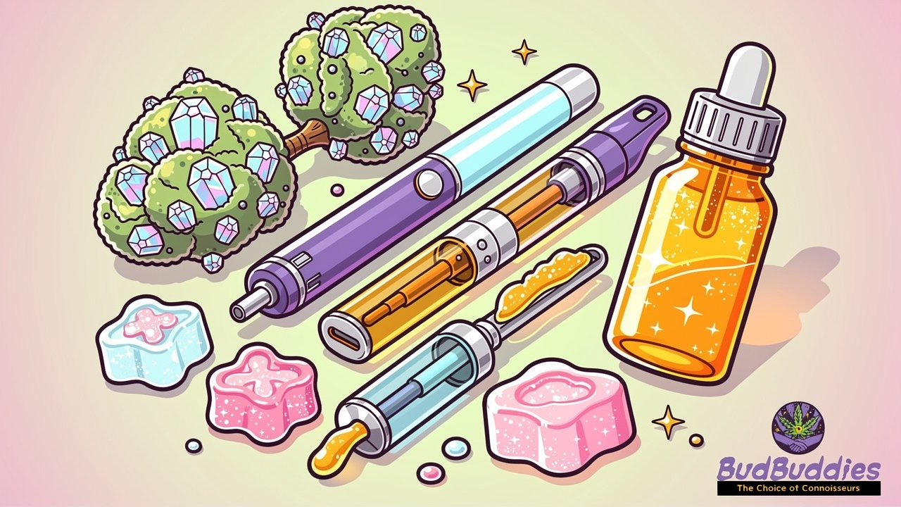 Cartoon illustration of flower, edibles, vapes, concentrates and CBD products