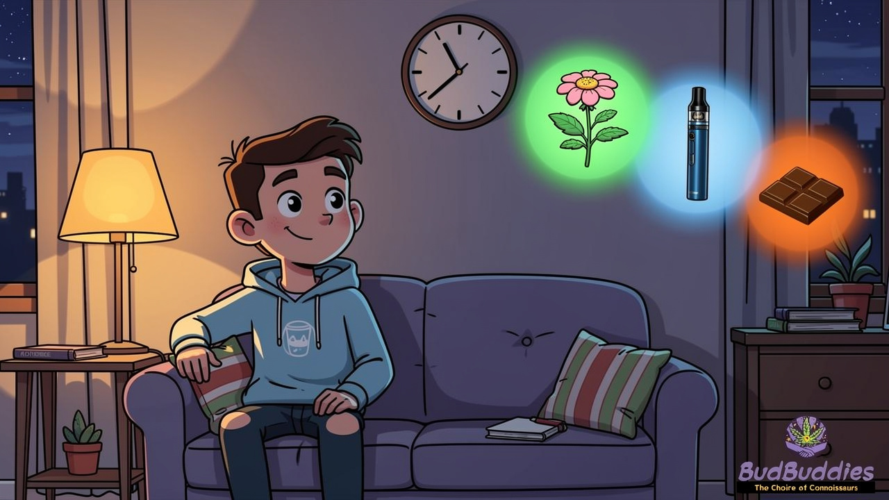 Cartoon showing cannabis product types and timing for students