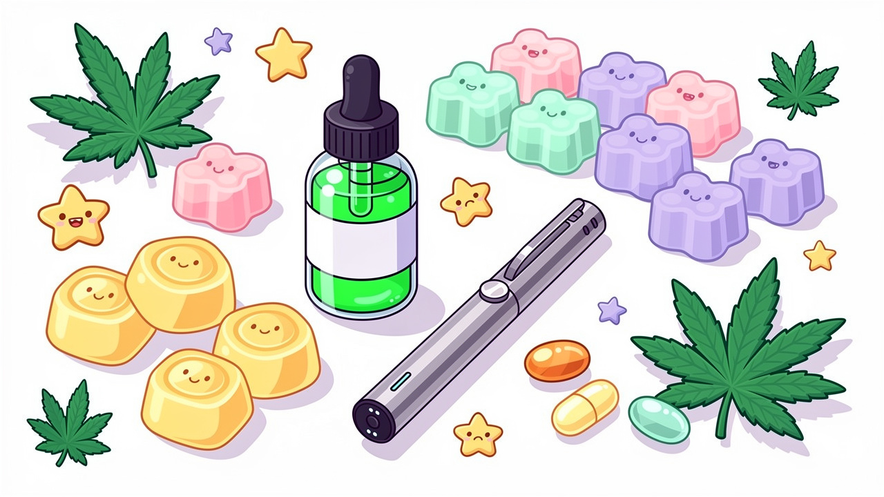 Cartoon display of cannabis oils edibles and vapes for Parkinson's patients