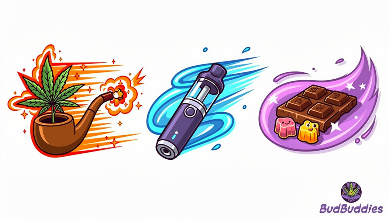 Cartoon showing three cannabis product types with different effect timelines visually represented