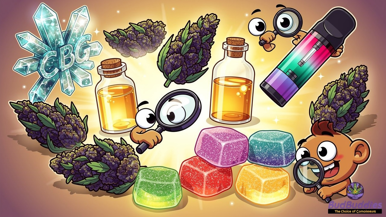 Cartoon illustration of diverse cannabis product types displayed attractively