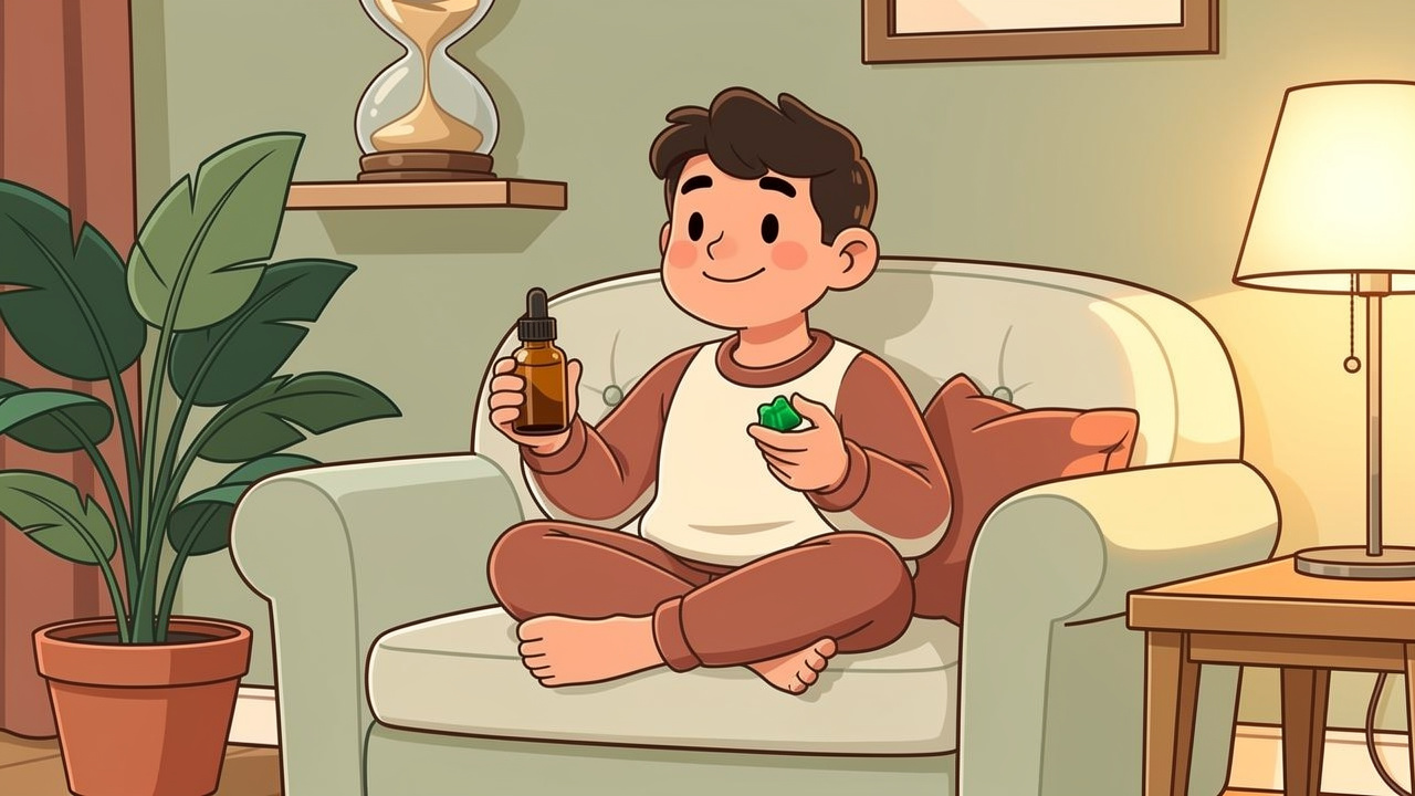 Relaxed cartoon character practising safe cannabis dosing at home