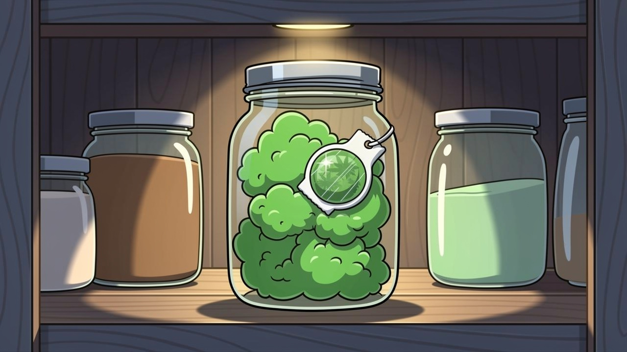 Cartoon of cannabis shake stored in an airtight glass jar