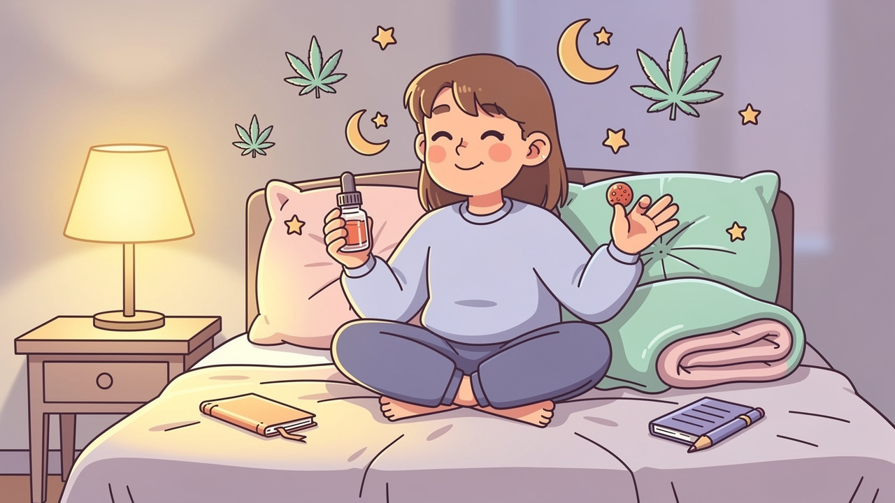 Cartoon character using cannabis oil and gummies at bedtime