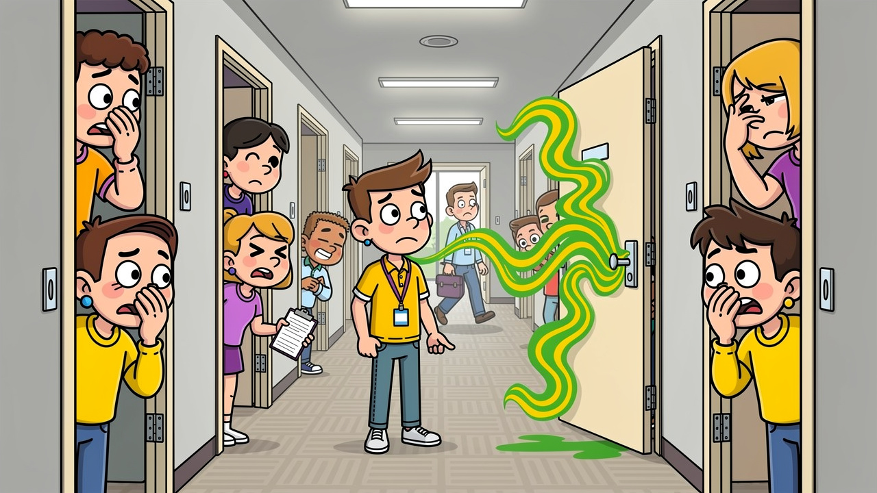 Cartoon showing cannabis smell spreading through university halls corridor