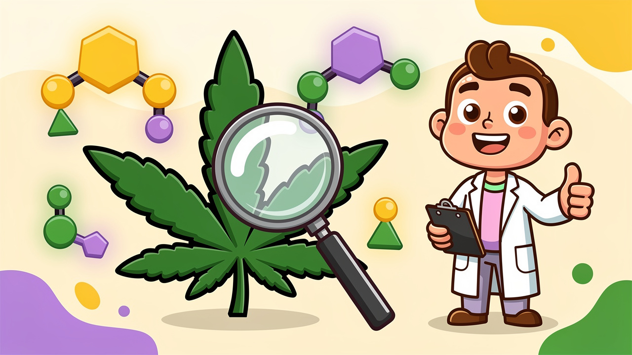 Cartoon scientist examining cannabis terpenes and strain details
