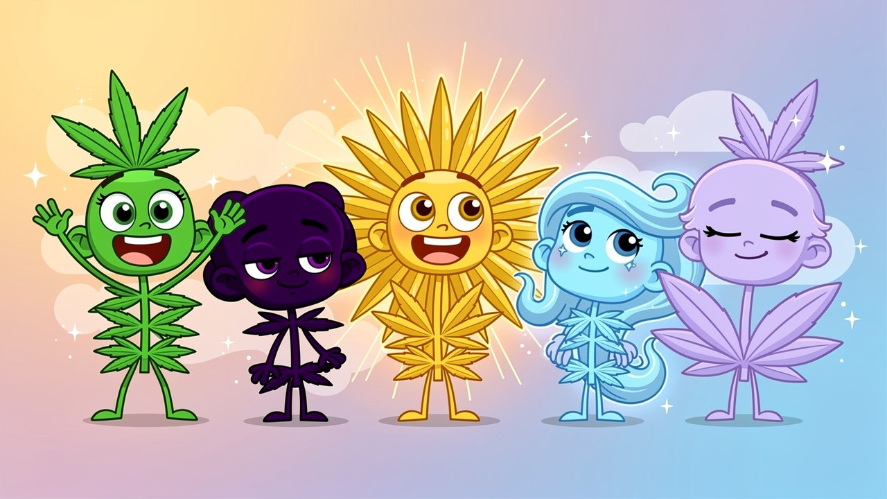 Five cartoon cannabis strain characters representing different fibromyalgia options