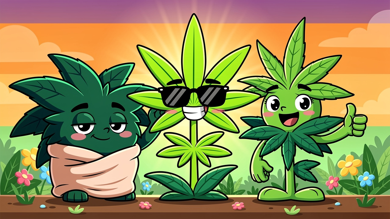 Cartoon characters showing indica sativa and hybrid cannabis strains