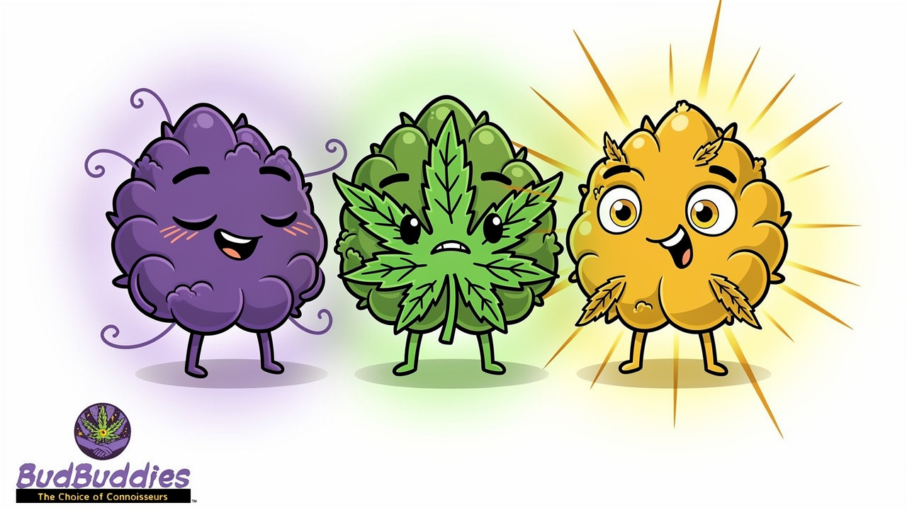 Cartoon representations of indica, sativa, and hybrid strain characters