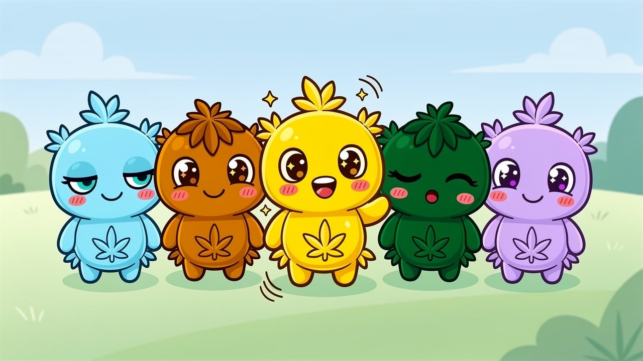 Cartoon cannabis strain characters lined up for nausea relief